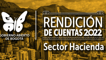 Foto panorámica de la ciudad de Bogotá cerca al centro de la ciudad hacia el oriente con fondo de color amarillo y el logo de Rendición de Cuentas 2022, sector Hacienda y gobierno Abierto