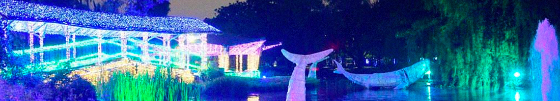 Foto del lago en el Jardín Botánico de Bogotá con el alumbrado navideño y esculturas de animales.