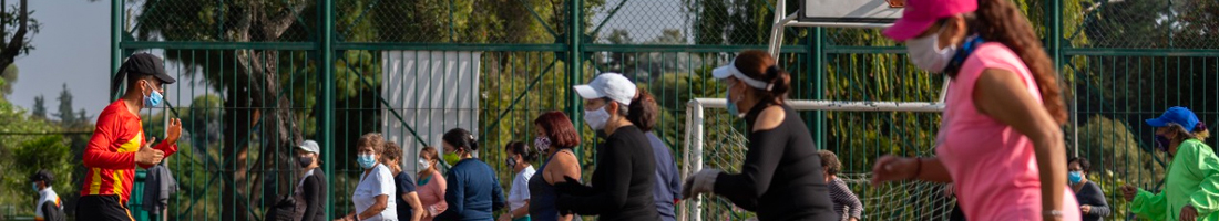 Fotografía de personas realizando ejercicio en un parque distrital, guiados por un colaborador del IDRD.