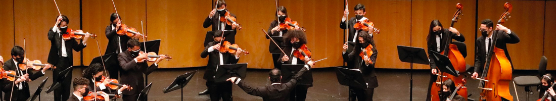 Fotografía panorámica de una orquesta juvenil interpretando los instrumentos