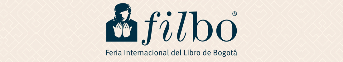 Logotipo de la Feria Internacional del Libro de Bogotá - Filbo en color azul, sobre un patron de texturas geométricas de color crema