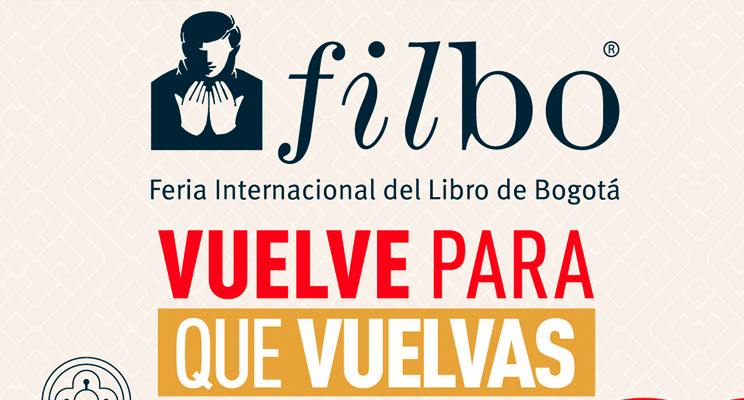 Logotipo de la Feria Internacional del Libro de Bogotá - Filbo en color azul, sobre un patron de texturas geométricas de color crema, con un slogan que dice "Vuelve para que vuelvas" - Pieza promocional del evento