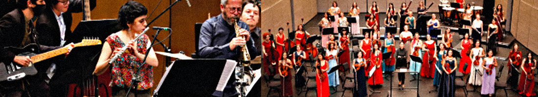 Dos fotografías donde se ve una parte de la orquesta en acción y en la otra más panorámica donde se ven los músicos en el auditorio