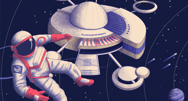 Parte de la pieza publicitaria del evento donde se ve parte de un astronauta sobre el Planetario de Bogotá