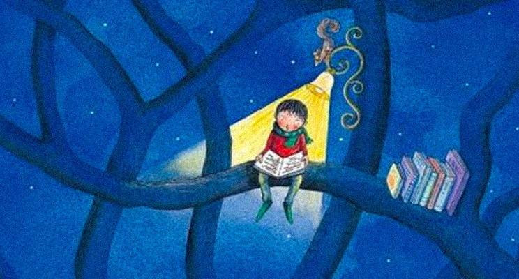 Parte de la pieza donde de manera ilustrada se ve un niño sobre una rama de un árbol leyendo libros e iluminado