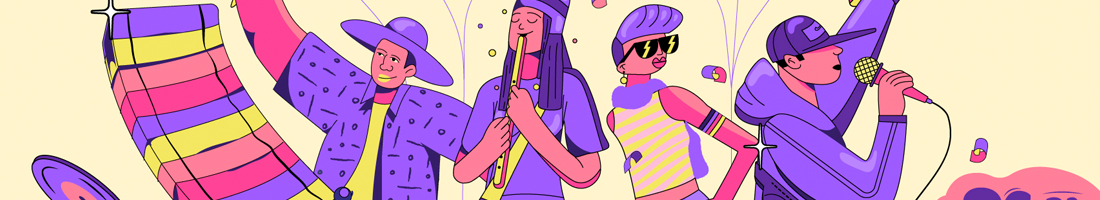 Parte de la pieza promocional del Festival Centro 2023, donde se ve una ilustración de cuatro tipos de músicos distintos actuando de manera alegre, el evento es organizado por la Secretaría de Cultura, Recreación y Deporte