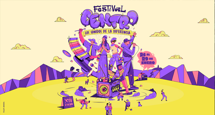 Pieza promocional del Festival Centro 2023, donde se ve una ilustración de cuatro tipos de músicos distintos actuando de manera alegre, el evento es organizado por la Secretaría de Cultura, Recreación y Deporte