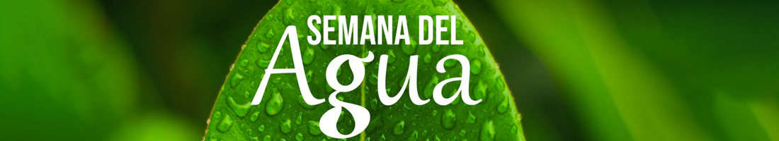 Foto de una hoja verde con gotas de agua y el logo del evento que en texto dice: Semana del agua
