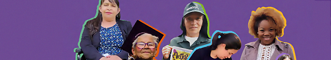 En la pieza se pueden ver varias mujeres de diferentes edades y tipos de oficios sonriendo.