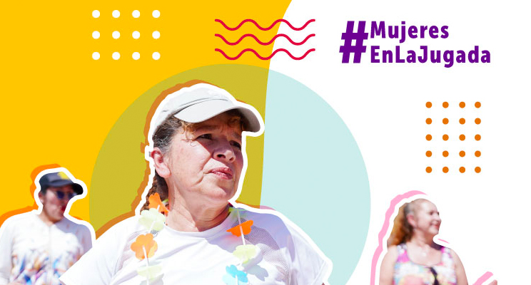 Pieza donde se lee el texto: #MujeresEnLaJuagada y se ven tres adultas mayores haciendo ejercicio.