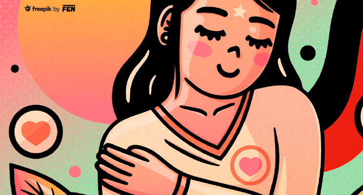 Ilustración de una mujer sonriendo y cuidando su cuerpo - Ilustración de la artista FEN en Freepik