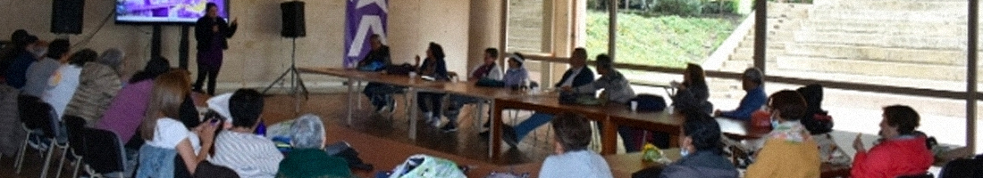 Un grupo de adultos mayores reunidos en la biblioteca.