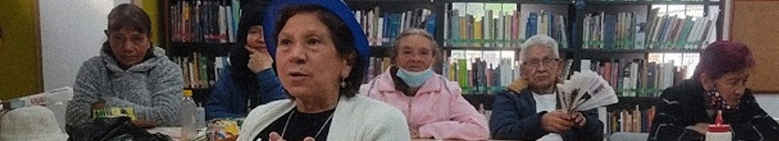 Grupo de adultas mayores en la biblioteca.