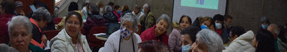 Grupo de adultas mayores en la biblioteca charlando.