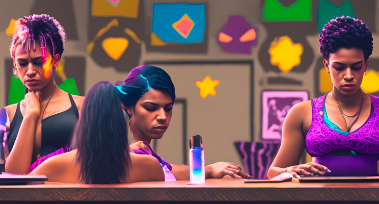 Imagen generada por IA donde se aprecias tres personas en un espacio creativo