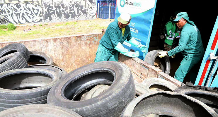 Colaboradores de la Secretaría Distrital de Ambiente recolectando llantas usadas