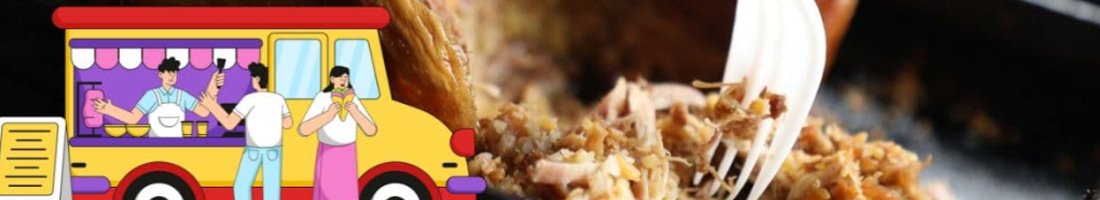 Imagen carrito de comida y plato de lechona con tenedor