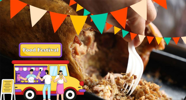 Imagen carrito de comida y plato de lechona con tenedor