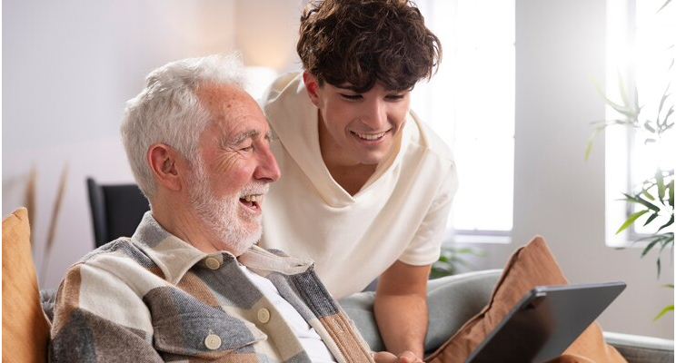 Tiro medio hombre y niño con tableta