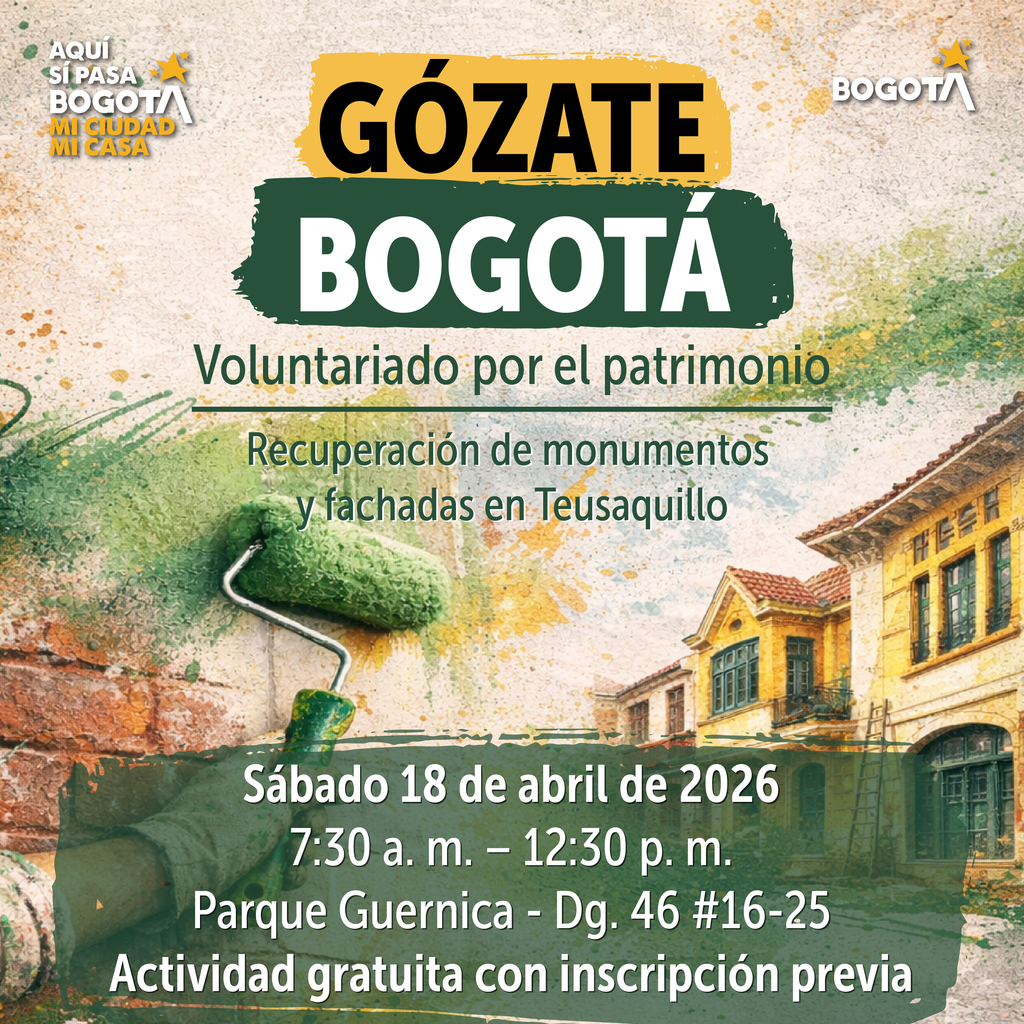 🧱 #GózateBogotá participando en la jornada de voluntariado para recuperar fachadas y espacios patrimoniales en Teusaquillo.