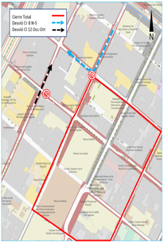 Mapa de los cierres viales perímetro Plaza de Bolívar