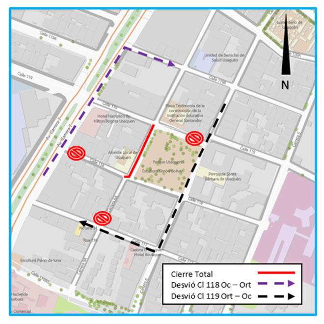 Mapa de los cierres viales perímetro Plaza Fundacional Usaquén