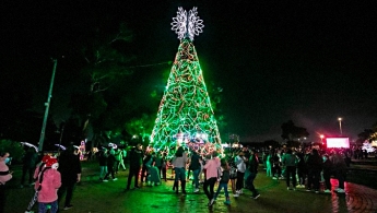 Grupo de personas visitando el alumbrado navideño en la noche.