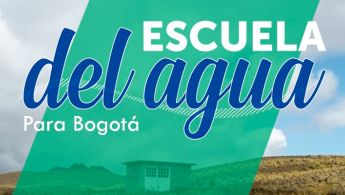 Fondo de una casita en la montaña acompañado del logotipo Escuela del agua para Bogotá