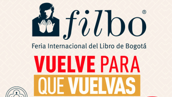 Logotipo de la Feria Internacional del Libro de Bogotá - Filbo en color azul, sobre un patron de texturas geométricas de color crema, con un slogan que dice "Vuelve para que vuelvas" - Pieza promocional del evento
