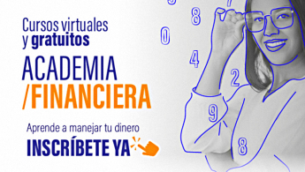 Fragmento de la pieza promocional de los cursos virtuales de educación académica que oferta la Secretaría de Desarrollo Económico - Foto de una mujer joven con gafas la cual esta intervenida con trazos de color azul que bordean sus razgos más característicos y se encuentran números volando también de borde de color azul.