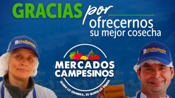 Gracias por ofrecernos su mejor cosecha - Fotografía de dos campesinos sonriendo y el logo de Mercados Campesinos.