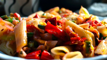 Fotografía de un plato de penne con vegetales