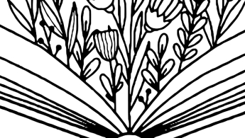 Fragmento de un libro con flores ilustrado en color negro.