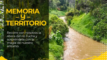 Pieza promocional del evento memoria y territorio con un fondo del surco de un río rodeado de naturaleza.
