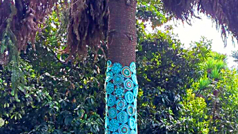 Foto donde se distingue el tallo de un árbol intervenido con tejidos hechos a mano en le Jardín Botánico de Bogotá