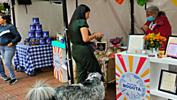 Fotografía de parte de los comercios que hacen parte de la Feria Hecho en Bogotá, en la accion se puede apreciar una mujer joven comprando un producto a una señora de la tercera edad que atiende el estand.