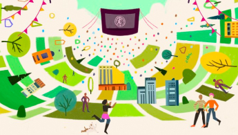 Parte de la pieza publicitaria del evento "Cinemateca al parque" - lustración de un parque donde toda la comunidad se reune en torno a la pantalla con el logo de la Cinemateca de Bogotá