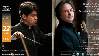 En la foto de izquierda a derecha el rostro del director: Rubián Zuluaga y a su derecha el rostro del solista: Christoph Denoth - Guitarra