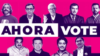 Pieza promocional del evento televisivo que dice: "Ahora vote" y se ven las fotos de los candidatos por la alcaldía de Bogotá para el nuevo periodo 2024-2027