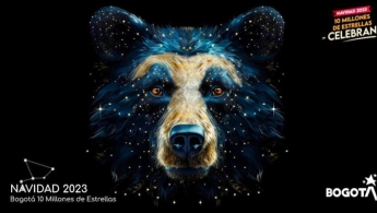 Pieza de la Alcaldía Mayor De Bogotá donde se ve la cara de un Oso ilustrada y configurada por estrellas como una constelación