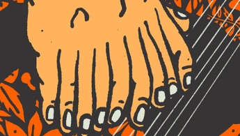 Ilustración de manos con muchos dedos tocando las cuerdas de una guitarra
