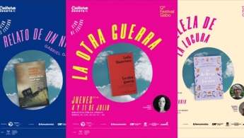 Libros en un fondo de nubes con la foto de sus autores