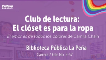 texto con fondo estantes de biblioteca y bandera de colores