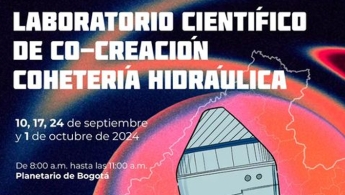 Ilustración de cohetes y dos personas sobre el