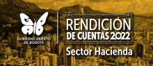 Foto panorámica de la ciudad de Bogotá cerca al centro de la ciudad hacia el oriente con fondo de color amarillo y el logo de Rendición de Cuentas 2022, sector Hacienda y gobierno Abierto