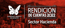 Foto panorámica de la ciudad de Bogotá cerca al centro de la ciudad hacia el oriente con fondo de color amarillo y el logo de Rendición de Cuentas 2022, sector Hacienda y gobierno Abierto
