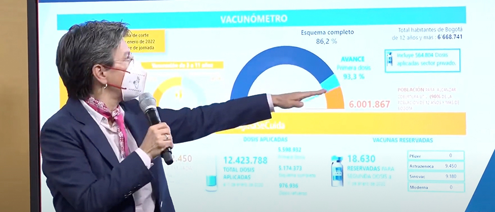 Alocución en vivo de la alcaldesa mayor de Bogotá, Claudia López, indicado con su mano unas cifras de vacunas en la pantalla.