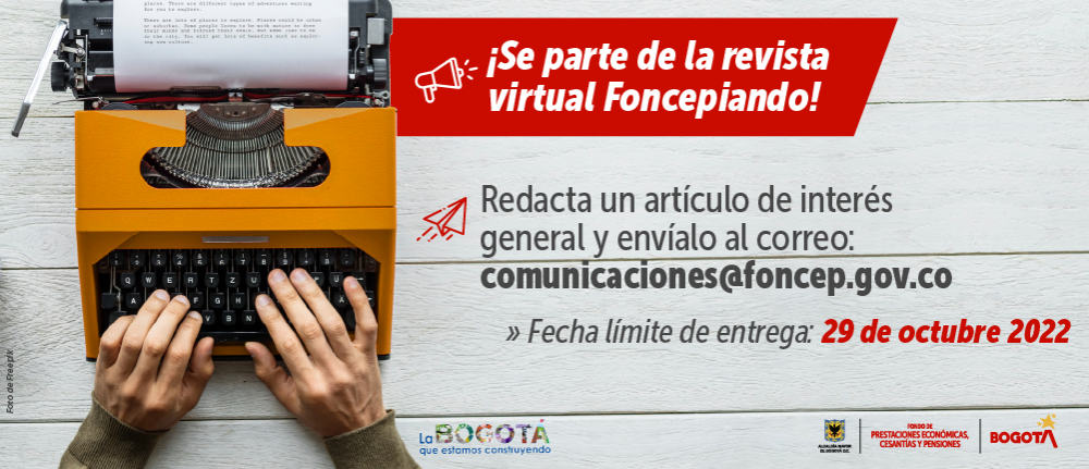 ¡Se parte de la revista virtual Foncepiando! - Redacta un artículo de interés general y envíalo al correo: comunicaciones@foncep.gov.co - » Fecha límite de entrega: 29 de octubre 2022 - Foto de una maquina de escribir de color naranja unas manos sobre ella listas para escribir