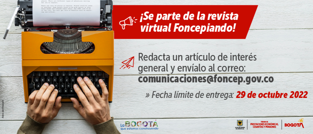 ¡Se parte de la revista virtual Foncepiando! - Redacta un artículo de interés general y envíalo al correo: comunicaciones@foncep.gov.co - » Fecha límite de entrega: 29 de octubre 2022 - Foto de una maquina de escribir de color naranja  unas manos sobre ella listas para escribir