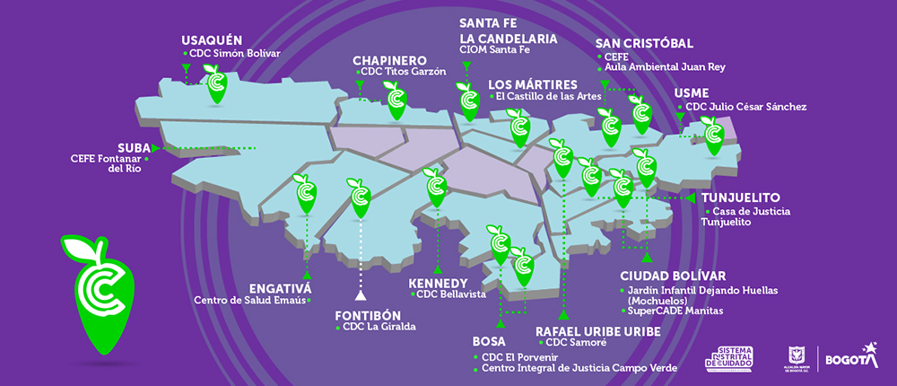 Pieza donde sale el mapa de Bogotá y se ubican las diferentes Manzana de Cuidado en la ciudad.